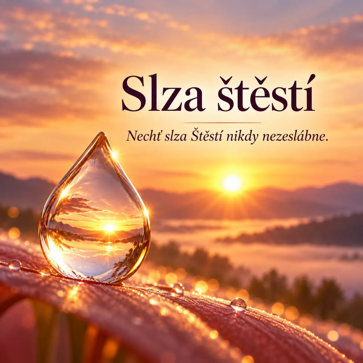 Grafika s názvem Slza štěstí a závěrečným veršem: „Nechť slza Štěstí nikdy nezeslábne.“
